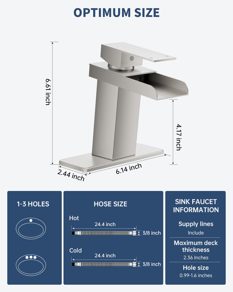 BATHLAVISH Waterfall Bathroom Faucet, Brushed Nickel Modern Single Handle Bathroom Faucets for 1 or 3 Hole Bathroom Sink Faucet Washbasin Faucet Mixer Tap with Deck and Pop-up Drain - Image 2